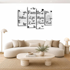 LR Family Quote Wall Art Picture – Grey, Black & White Love Framed 4 Panel Split Canvas Print | Ready to Hang | Modern Wall Art for Living Room, Bedroom & Office