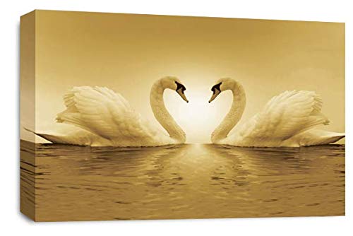 Love Heart Swans Wall Art Picture Cream White Kissing Framed Canvas Panel Print Ready to Hang