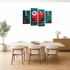 LR Love Quote Wall Art Picture – Red & Teal Framed 4 Panel Split Canvas Print | Ready to Hang | Modern Wall Art for Living Room, Bedroom & Office