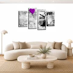 LR Banksy Heart Wall Art Picture – Purple & Grey Graffiti Art Framed 4 Panel Split Canvas Print | Ready to Hang | Modern Wall Art for Living Room, Bedroom & Office