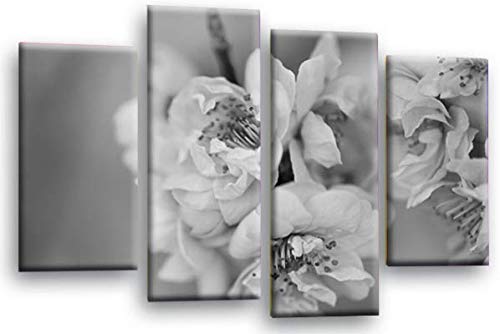 LR Floral Rose Wall Art Picture – Grey & Cream Framed 4 Panel Split Canvas Print | Ready to Hang | Modern Wall Art for Living Room, Bedroom & Office