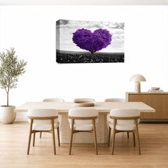 LR Floral Love Heart Tree Wall Art Picture – Purple & Grey Framed Canvas Print | Ready to Hang | Modern Wall Art for Living Room, Bedroom & Office