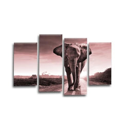 LR Sunset Elephants Wall Art Picture – Grey, Pink & Cream African Elephant Framed 4 Panel Split Canvas Print | Ready to Hang | Modern Wall Art for Living Room, Bedroom & Office