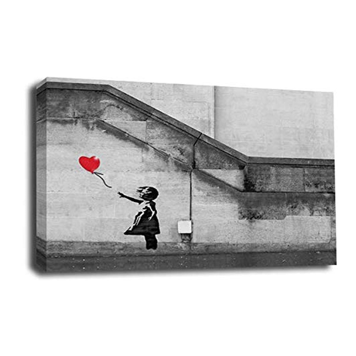 LR Banksy Balloon Girl Wall Art Picture – Grey & Red Graffiti Art Framed Canvas Print | Ready to Hang | Modern Wall Art for Living Room, Bedroom & Office