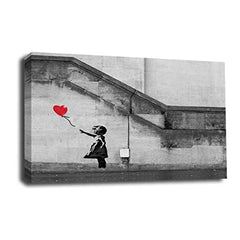 LR Banksy Balloon Girl Wall Art Picture – Grey & Red Graffiti Art Framed Canvas Print | Ready to Hang | Modern Wall Art for Living Room, Bedroom & Office