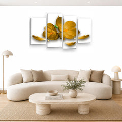 LR Floral Rose Orchid Wall Art Picture – White & Mustard Framed 4 Panel Split Canvas Print | Ready to Hang | Modern Wall Art for Living Room, Bedroom & Office