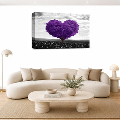 LR Floral Love Heart Tree Wall Art Picture – Purple & Grey Framed Canvas Print | Ready to Hang | Modern Wall Art for Living Room, Bedroom & Office