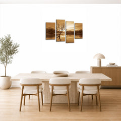 LR Landscape Lake Wall Art Picture – Cream & Brown Floral Framed 4 Panel Split Canvas Print | Ready to Hang | Modern Wall Art for Living Room, Bedroom & Office