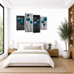 LR Teal Floral Rose Wall Art Picture – Grey Framed 4 Panel Split Canvas Print | Ready to Hang | Modern Wall Art for Living Room, Bedroom & Office