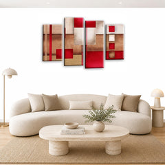 LR Red Abstract Wall Art Picture – Cream Modern Framed 4 Panel Split Canvas Print | Ready to Hang | Modern Wall Art for Living Room, Bedroom & Office