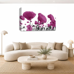 LR Floral Poppy Rose Wall Art Picture – Purple, White & Plum Framed Canvas Print | Ready to Hang | Modern Wall Art for Living Room, Bedroom & Office