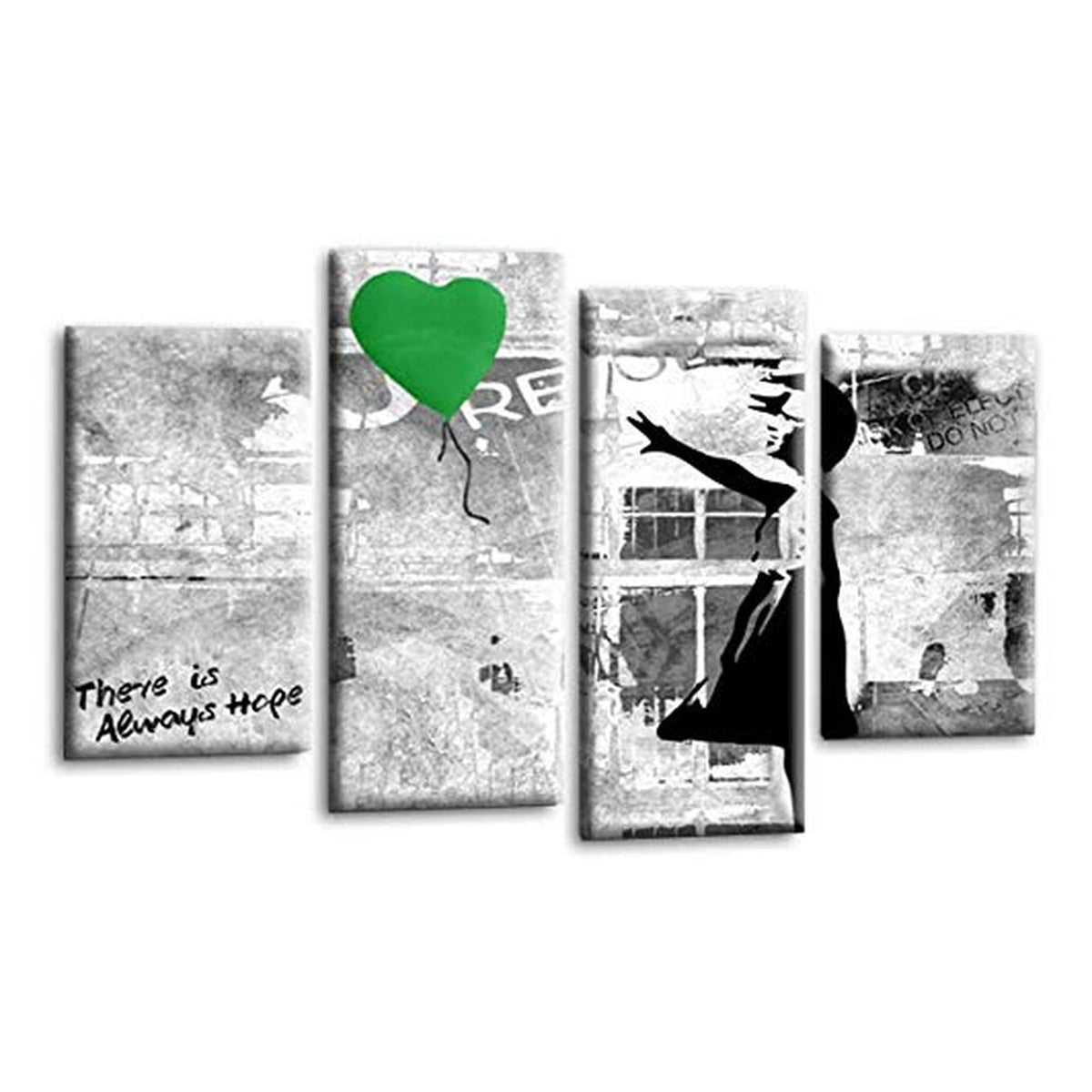 LR Banksy Heart Wall Art Picture – Grey & Green Graffiti Art Framed 4 Panel Split Canvas Print | Ready to Hang | Modern Wall Art for Living Room, Bedroom & Office