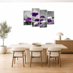 LR Floral Wall Art Picture – Purple & Grey Poppy Framed 4 Panel Split Canvas Print | Ready to Hang | Modern Wall Art for Living Room, Bedroom & Office