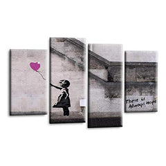 LR Banksy Wall Art Picture – Purple & Grey Graffiti Art Framed 4 Panel Split Canvas Print | Ready to Hang | Modern Wall Art for Living Room, Bedroom & Office