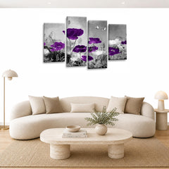 LR Floral Wall Art Picture – Purple & Grey Poppy Framed 4 Panel Split Canvas Print | Ready to Hang | Modern Wall Art for Living Room, Bedroom & Office