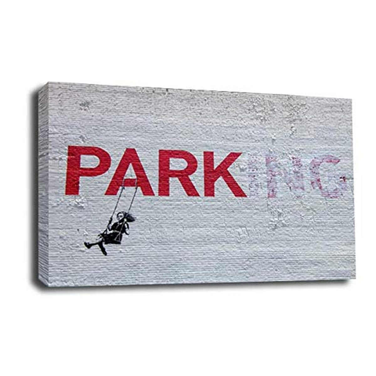 LR Banksy No Parking Wall Art Picture – Grey & Red Graffiti Art Framed Canvas Print | Ready to Hang | Modern Wall Art for Living Room, Bedroom & Office