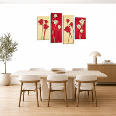 LR Floral Rose Wall Art Picture – Red & Cream Framed 4 Panel Split Canvas Print | Ready to Hang | Modern Wall Art for Living Room, Bedroom & Office