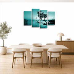 LR Sunset Landscape Lake Wall Art Picture – Teal & Brown Floral Framed 4 Panel Split Canvas Print | Ready to Hang | Modern Wall Art for Living Room, Bedroom & Office