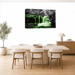 LR Green Waterfall Wall Art Picture – Grey & White Forest Framed Canvas Print | Ready to Hang | Modern Wall Art for Living Room, Bedroom & Office