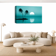 LR Sunset Beach Wall Art Picture – Teal Seascape Framed 4 Panel Split Canvas Print | Ready to Hang | Modern Wall Art for Living Room, Bedroom & Office