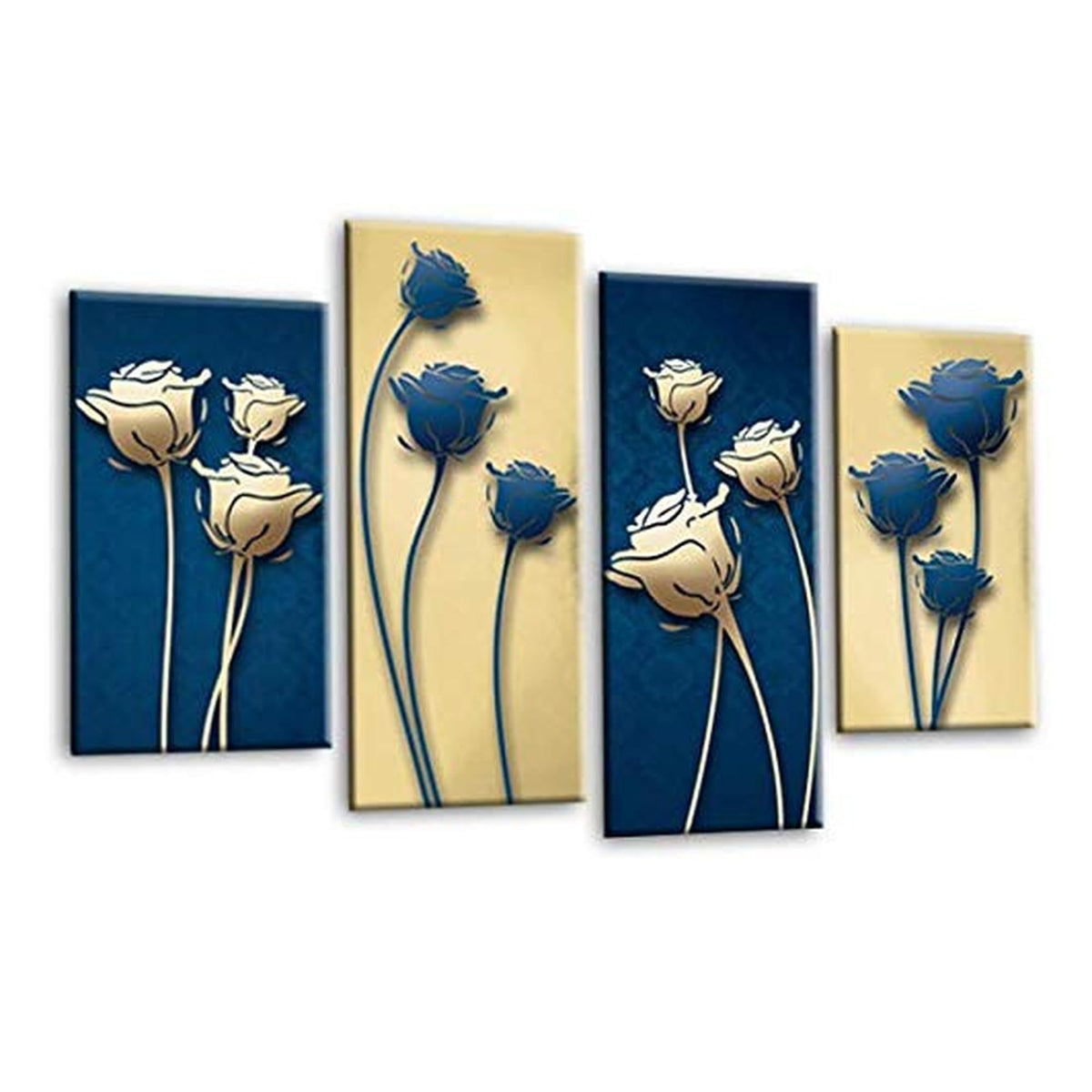 LR Floral Rose Wall Art Picture – Blue & Cream Framed 4 Panel Split Canvas Print | Ready to Hang | Modern Wall Art for Living Room, Bedroom & Office