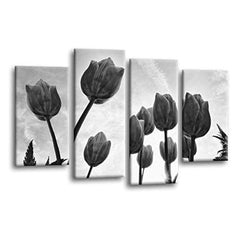 LR Floral Rose Tulip Wall Art Picture – Grey & White Framed 4 Panel Split Canvas Print | Ready to Hang | Modern Wall Art for Living Room, Bedroom & Office