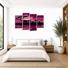 LR Elephant Sunset Wall Art Picture – Purple & Grey African Framed 4 Panel Split Canvas Print | Ready to Hang | Modern Wall Art for Living Room, Bedroom & Office