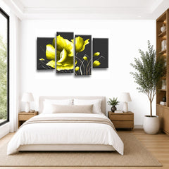 LR Floral Rose Yellow Wall Art Picture Framed 4 Panel Split Canvas Print | Ready to Hang | Modern Wall Art for Living Room, Bedroom & Office