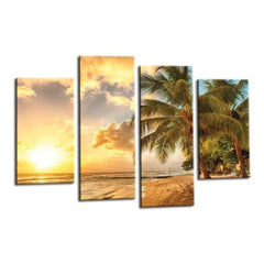 LR Sunset Beach Wall Art Picture – Seascape Framed 4 Panel Split Canvas Print | Ready to Hang | Modern Wall Art for Living Room, Bedroom & Office