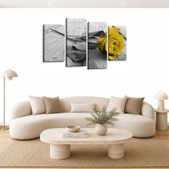 LR Floral Mustard Rose Wall Art Picture – Grey, White Framed 4 Panel Split Canvas Print | Ready to Hang | Modern Wall Art for Living Room, Bedroom & Office