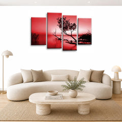 LR Sunset Landscape Wall Art Picture – Grey, Red & Brown Floral Framed 4 Panel Split Canvas Print | Ready to Hang | Modern Wall Art for Living Room, Bedroom & Office