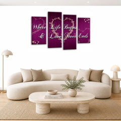 LR Love Quote Wall Art Picture – Purple & Grey Framed 4 Panel Split Canvas Print | Ready to Hang | Modern Wall Art for Living Room, Bedroom & Office