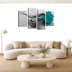 LR Teal Rose Floral Wall Art Picture Framed 4 Panel Split Canvas Print | Ready to Hang | Modern Wall Art for Living Room, Bedroom & Office