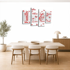 LR Family Love Quote Wall Art Picture – Red & White Framed 4 Panel Split Canvas Print | Ready to Hang | Modern Wall Art for Living Room, Bedroom & Office