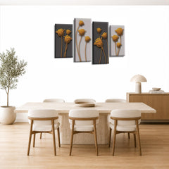LR Orange Floral Rose Wall Art Picture – Grey Framed 4 Panel Split Canvas Print | Ready to Hang | Modern Wall Art for Living Room, Bedroom & Office