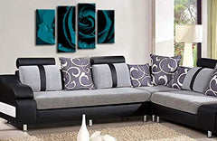 LR Floral Rose Wall Art Picture – Grey & Teal Framed 4 Panel Split Canvas Print | Ready to Hang | Modern Wall Art for Living Room, Bedroom & Office