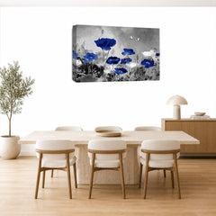 LR Grey Floral Wall Art Picture – Blue & White Poppy Framed Canvas Print | Ready to Hang | Modern Wall Art for Living Room, Bedroom & Office