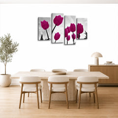 LR Floral Rose Tulip Wall Art Picture – Purple & Grey Framed 4 Panel Split Canvas Print | Ready to Hang | Modern Wall Art for Living Room, Bedroom & Office