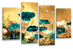 LR Floral Wall Art Print Rose Poppy Cream Teal Chinese Flower Framed Canvas Split Landscape Picture