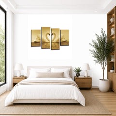 LR Love Swans Wall Art Picture – Cream & Brown Heart Framed 4 Panel Split Canvas Print | Ready to Hang | Modern Wall Art for Living Room, Bedroom & Office