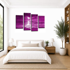 LR Sunset Beach Wall Art Picture – Purple & Cream Seascape Framed 4 Panel Split Canvas Print | Ready to Hang | Modern Wall Art for Living Room, Bedroom & Office