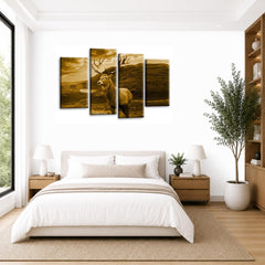 LR Highland Scottish Stag Wall Art Picture – Cream & Brown Framed 4 Panel Split Canvas Print | Ready to Hang | Modern Wall Art for Living Room, Bedroom & Office
