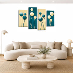 LR Floral Rose Wall Art Picture – Teal & Cream Framed 4 Panel Split Canvas Print | Ready to Hang | Modern Wall Art for Living Room, Bedroom & Office