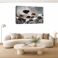 LR Floral Wall Art Picture – Brown & White Poppy Framed Canvas Print | Ready to Hang | Modern Wall Art for Living Room, Bedroom & Office