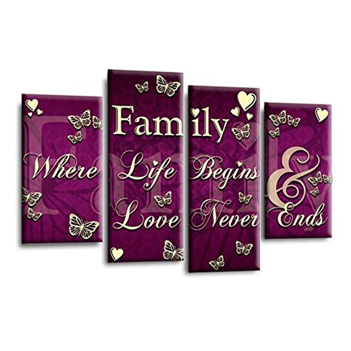 LR Family Love Quote Wall Art Picture – Purple & Cream Framed 4 Panel Split Canvas Print | Ready to Hang | Modern Wall Art for Living Room, Bedroom & Office