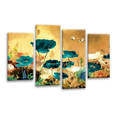 LR Floral Wall Art Picture – Teal & Cream Poppy Framed 4 Panel Split Canvas Print | Ready to Hang | Modern Wall Art for Living Room, Bedroom & Office