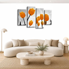 LR Floral Rose Tulip Wall Art Picture – Grey & Orange Framed 4 Panel Split Canvas Print | Ready to Hang | Modern Wall Art for Living Room, Bedroom & Office
