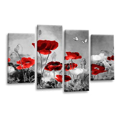 LR Floral Wall Art Picture – Grey & Red Poppy Framed 4 Panel Split Canvas Print | Ready to Hang | Modern Wall Art for Living Room, Bedroom & Office
