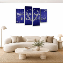 LR Love Wall Art Picture – Grey & Blue Quote Framed 4 Panel Split Canvas Print | Ready to Hang | Modern Wall Art for Living Room, Bedroom & Office