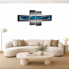 LR Blue Grey Abstract Wall Art Picture – Black Modern Framed 4 Panel Split Canvas Print | Ready to Hang | Modern Wall Art for Living Room, Bedroom & Office